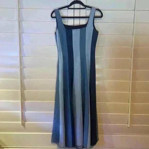 Farm Rio Anthropologie Midi Dress XS 0 2 Colorblock Denim Stripe Chambray $278 - Picture 5 of 10